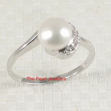 Solid Sterling Silver .925 White Freshwater Cultured Pearl & CZ Crescent Ring