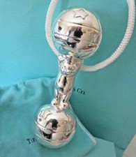 Tiffany & Co. Sterling Silver Bear Ball Stars Barbell Baby Rattle in Pouch & Box