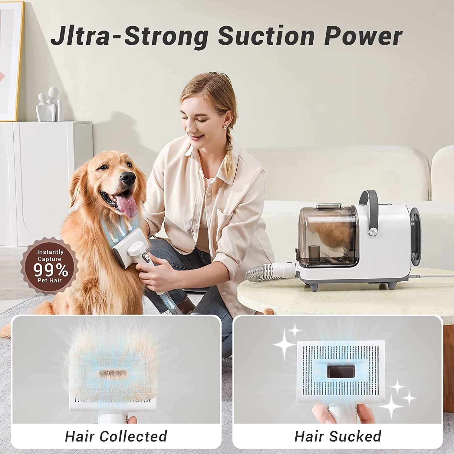 Bunfly Pet Clipper Grooming Kit & Vacuum Suction 99 Pet Hair, 7 Pet