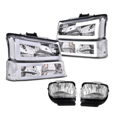 Fit For 03-06 Chevy Silverado Avalanche LED DRL Chrome Headlights+Fog Lights