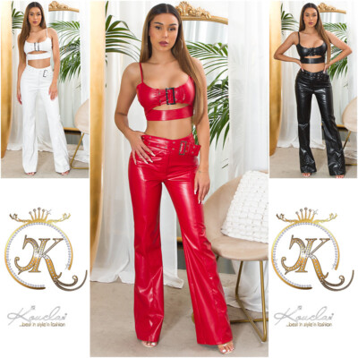 Koucla High Waist Hose Lederlook Kunstleder Bootcut Hose Gürtel Milax-Fashion
