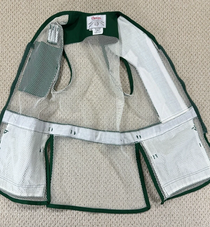复古 ORVIS 网眼射击背心 38 码绿色/白色美国制造多口袋 — 第 3/4 张图片