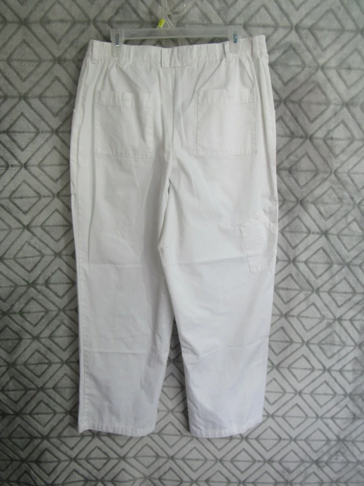 Pantalones Médicos Landau Talla M Blanco Parte Frontal Plana Cintura Elástica Botón Cremallera Trabajo Foto 3 de 3