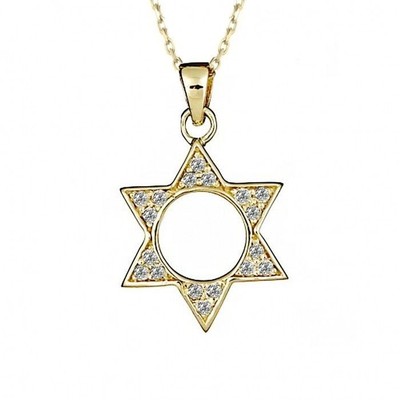 Diamant jüdischer Davidstern Anhänger Rollenkette 16'' 14k Gelbgold 0,34 Karat