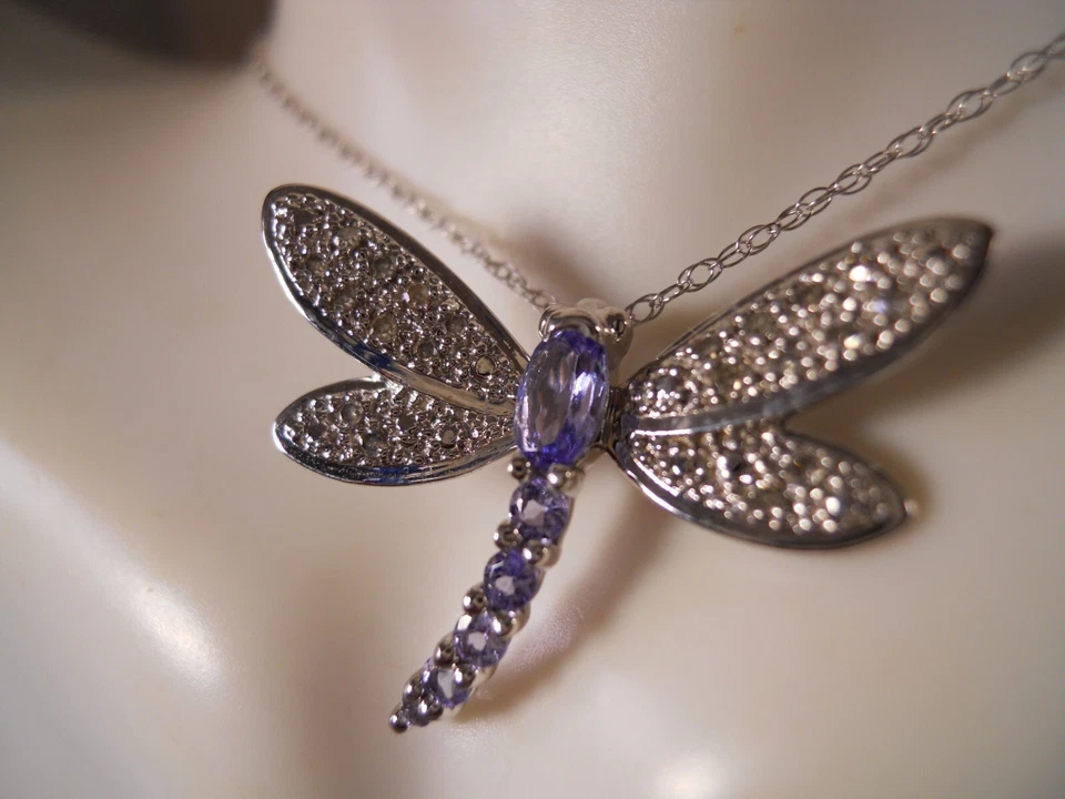 QVC 10K ORO BLANCO TANZANITA DIAMANTE LIBÉLULA COLGANTE Y COLLAR CADENA 18" 2.4G Foto 4 de 4