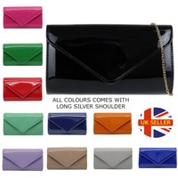New Ladies Glossy Patent Faux Leather Clutch Bag Evening Wedding Plain Bridal