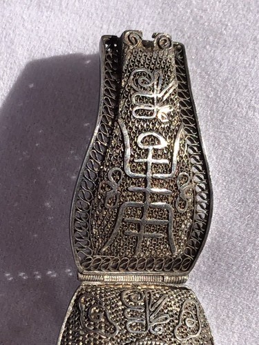 Bracciale antico cinese in argento sterling con 4 grandi giadeite naturale verde 19C - Foto 6 di 12