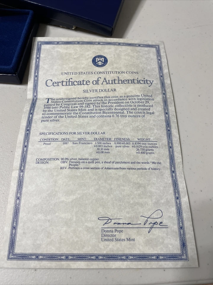 1987 US Mint Constitution Commemorative Silver Proof Dollar Uncirculated Coin - Image 4 of 4