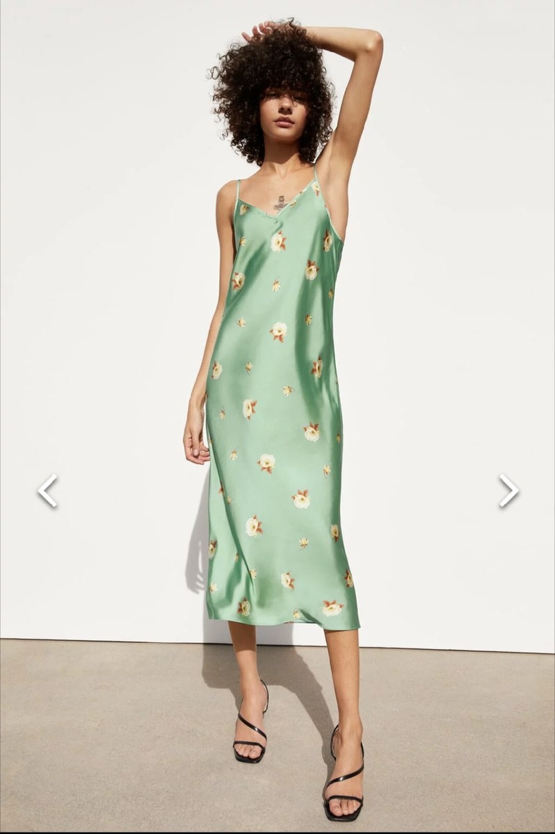 Zara Green Floral Satin Dress XS | eBay