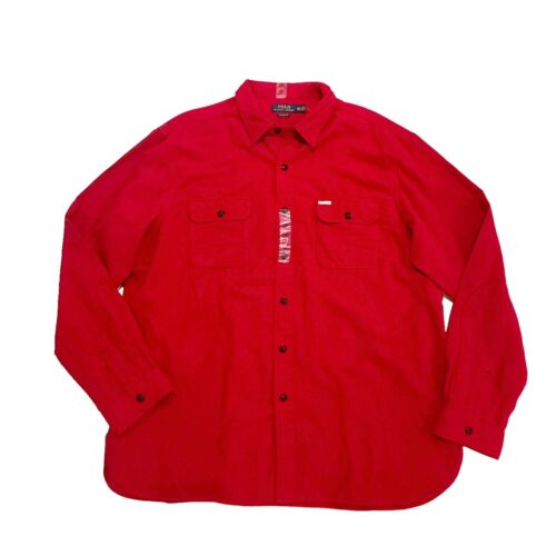 NWT POLO RALPH LAUREN Solid Red SOFT FLEECE Button Down Shirt Vtg Flap Pocket 2X - Afbeelding 1 van 7