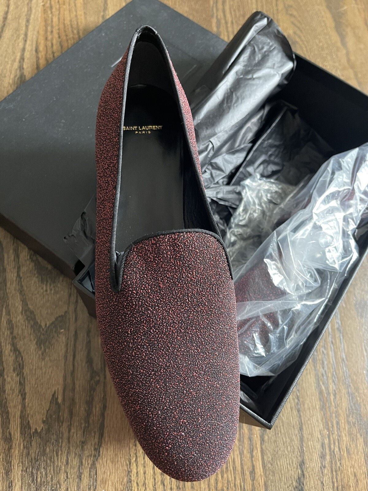 Autentico mocassino slip on donna Saint Laurent glitter borgogna taglia 40 5