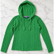 Vintage Polo Ralph Lauren Green Cable Knit Hooded Sweater Women's L 100 Cotton
