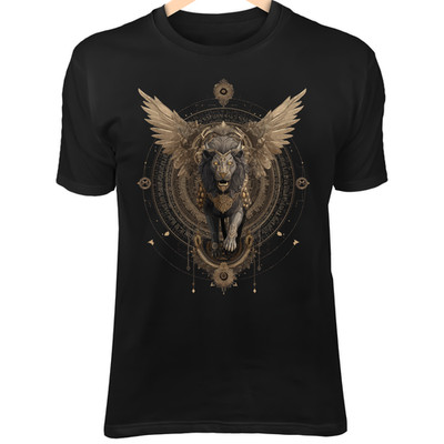 Sacred Lion T-Shirt   Gothic Armor Wings, Glowing Eyes, Divine Guardian Art