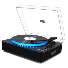 Record Player with Built-in Stereo Speakers, LED Control, 3-Speed Black Wood