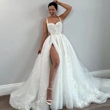 Classic Wedding Dresses for Women Spaghetti Straps Split Lace Appliques Backless