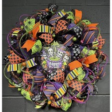 Handmade Halloween Skeleton Wreath Bright Deco Mesh Door Decor Polka Dot, Skulls