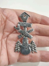 Vintage MJ Signed, ST Christmas Snow Winter, Joy Crossing Brooch Pin, 2.5", I2