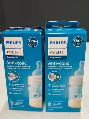 2 Philips Avent Anti-Colic Bottles with AirFree Vent 4oz, with Flow 1 Nipples