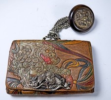Antique Japanese Leather Tobacco Pouch with Silver Dragon