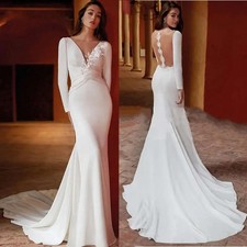 Simple Mermaid Wedding Dresses Deep V Neck Long Sleeves Satin Train Bridal Gowns