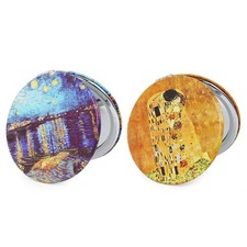 2 PCS Pocket Mirror Round 2.8 PU OilPainting Style Double Sided 1X/3X Purse