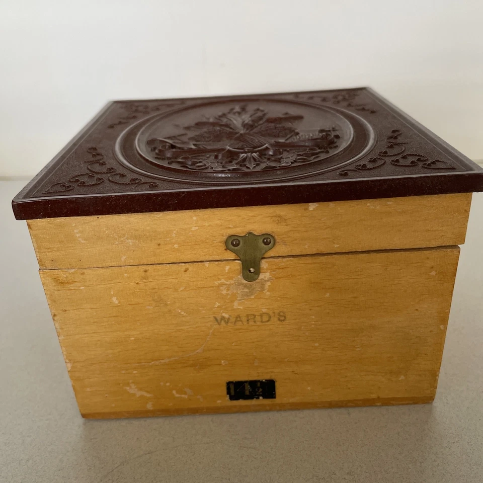 Antique HARVEST MOTIF  Victorian COLLAR BOX with TWO COLLARS Gutta Percha Lid - Image 2 of 4