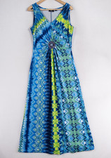 Lennie for Nina Leonard Maxi Dress Sz Medium Blue Green Print Sleeveless Beaded