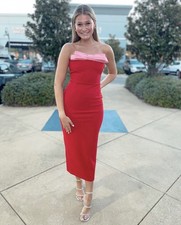 Mable Women’s Strapless Midi Sheath Dress Red Pink Bow Small Wedding Guest Glam
