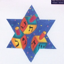 CHERYL SCHAEFFER HAND PAINTED NEEDLEPOINT CANVAS:  DREIDEL STAR OF DAVID    BM