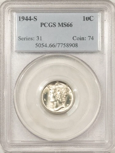 1944-S MERCURY DIME - PCGS MS-66, LOOKS FB!