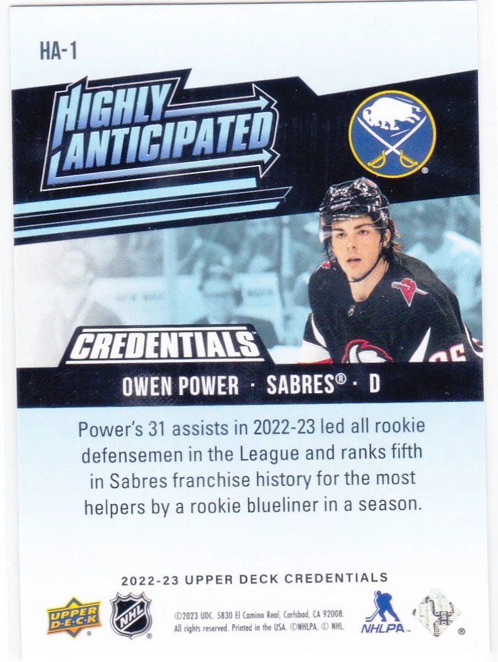 2022/23 CREDENTIALS..OWEN POWER..HIGHLY ANTICIPATED..ROOKIE..# HA-1..SABRES - Image 2 of 2
