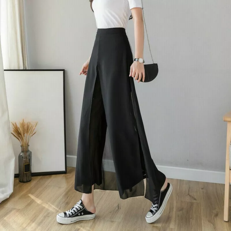 Donna Chiffon Split Pantaloni a Gamba Larga Trasparente Culotte