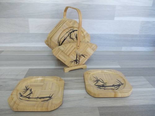 Glas Untersetzer Set aus Bambus Holz im Halter 7 teilig aus der 70er Vintage - Picture 2 of 2