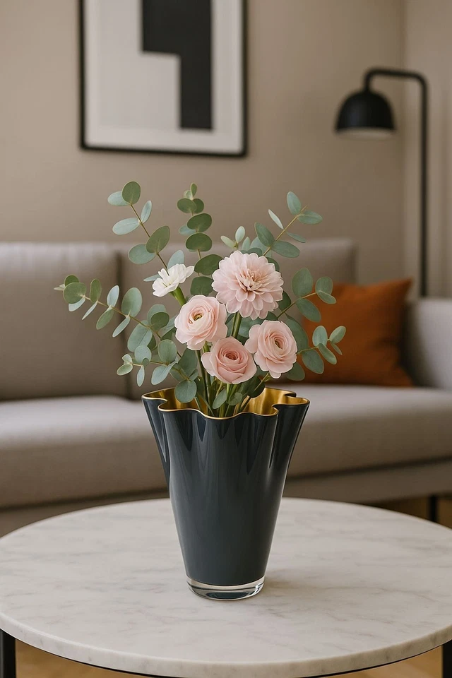 Vase Glas gewellt grau gold Glasvase Blumenvase mundgeblasen Signature Tischvase - Bild 2 von 4