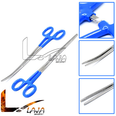 Set of 2 Assorted Color PVC Grip Handle Str & Cvd Hemostat Forceps 8'' Blue Grip