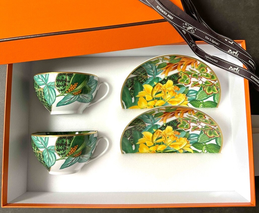 Hermes Passifolia Morning Cup and Saucer 2 set green porcelain