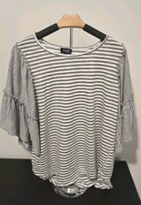 GiGio Women's Gray White Striped Polyester Flare Ruffle Sleeve Top Blouse Size L