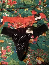 No Boundaries NWT 2 Women's Thong Style Panties 1 Black Micro 1 Orange Lace XL