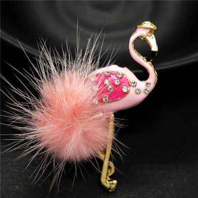 Popular Lady Pink Plush Enamel Flamingo Rhinestone Fashion Women Brooch Pin