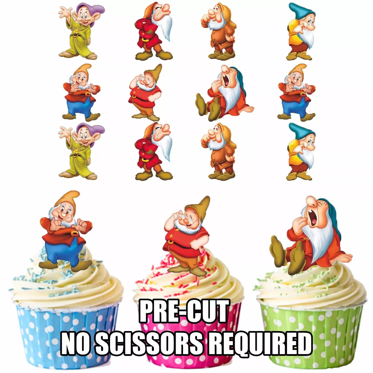 PRECUT Disney Snow White 7 Dwarfs 12 Edible Cupcake Toppers Party