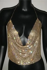 Handmade Sexy Gold Top, Kendall Style Lux Design, Shiny Disco Top With Choker