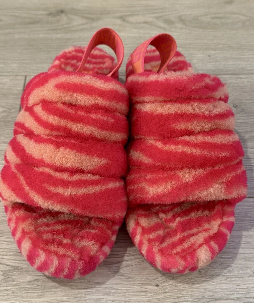 •Pantofole Slide Zebra Rosa EUC UGG Fluff Yeah Donna Taglia 9•