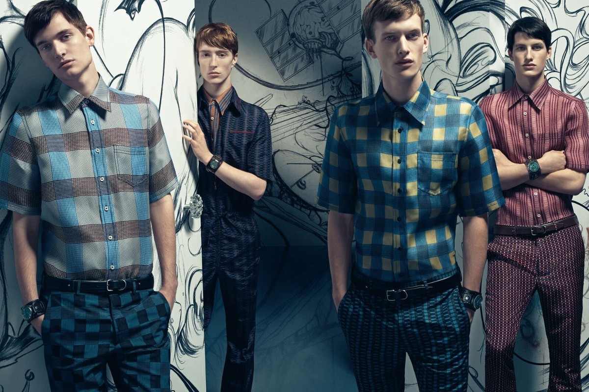 Prada Men Vintage Spring 2008 Blue Grey Fairy Plaid Print Silk