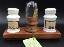 Vintage Cape Craft Pine Early American ART DECO Milk Glass S & P w/Toothpick