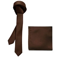 New Polyester Men's 1.5" skinny Neck Tie & hankie set solid formal brown wedding