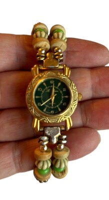 Le Baron Ladies Quartz Watch Round Gold Face W/Green Brown Beaded Band Battery