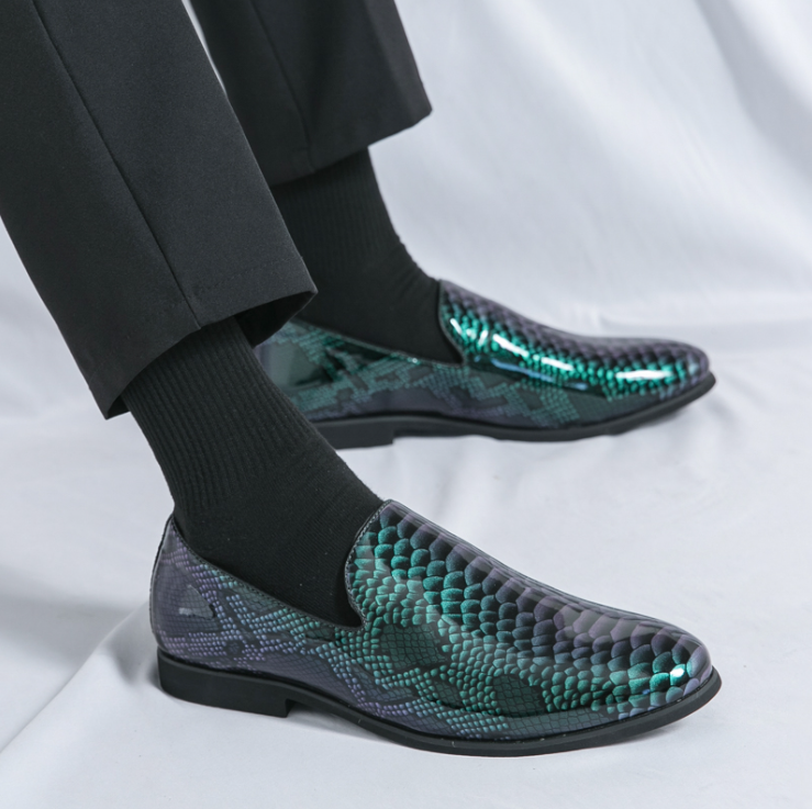 SAOLA Scarpe uomo slip on verde lucido punta modello pelle di serpente moda business nuove