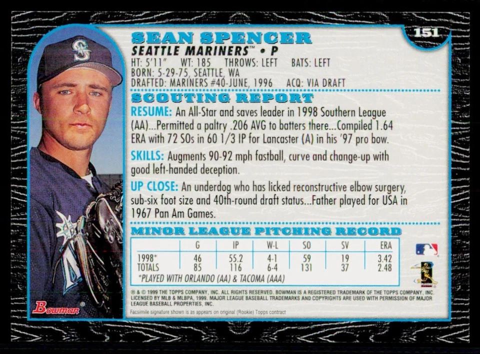 1999 Bowman #151 Sean Spencer RC Seattle Mariners Baseball Card - Image 2 of 2