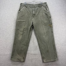 Carhartt Carpenter Pants Mens 38x30 Green Canvas B11 MOS Hammer Loop Distressed