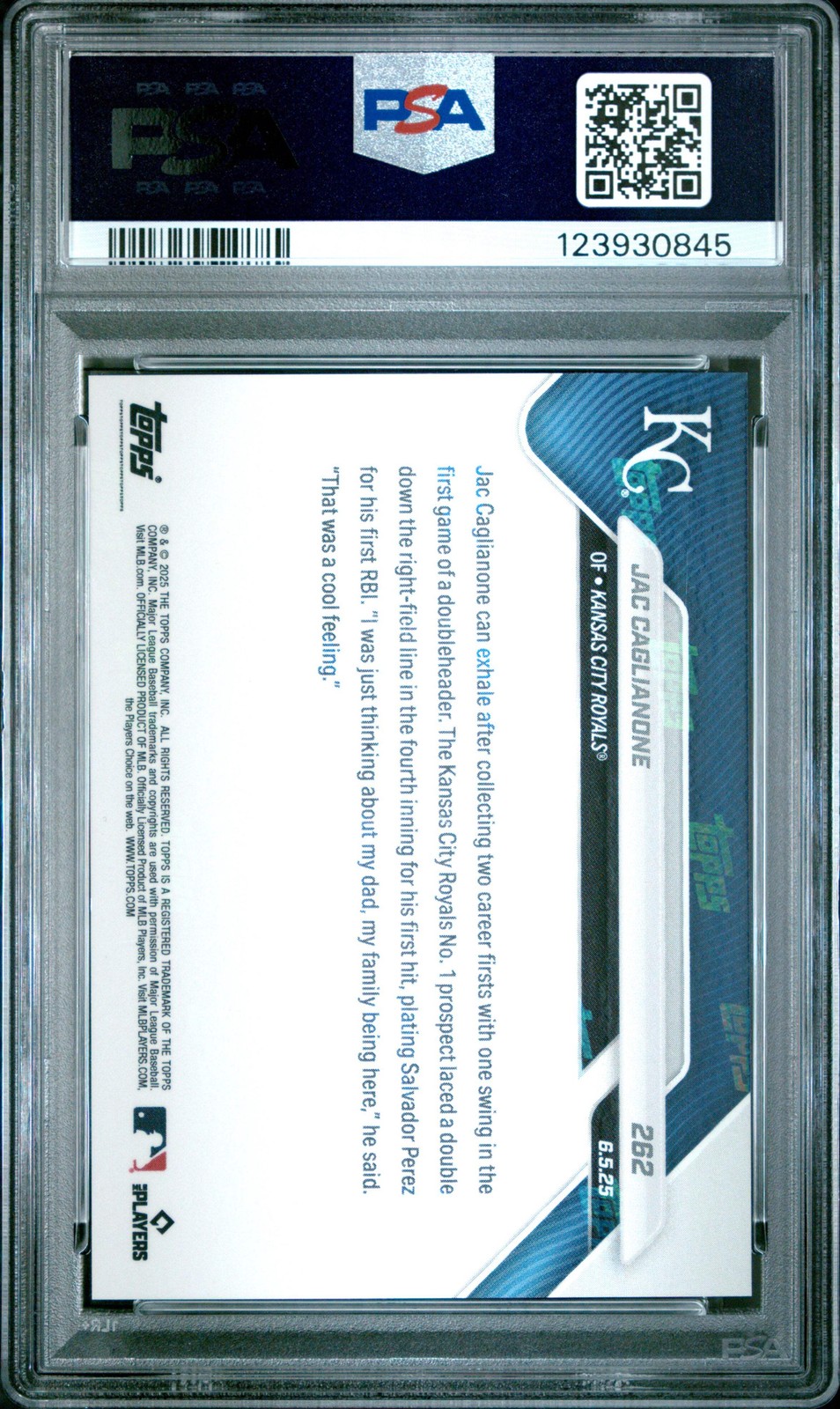 Graded 2025 Topps Now Jac Caglianone #262 Rookie Baseball Card PSA 10 Gem Mint view 2